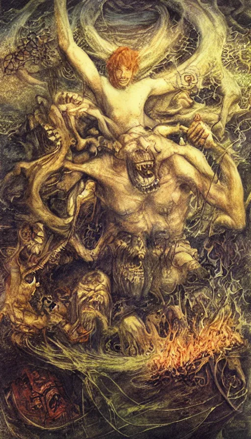 Image similar to man on boat crossing a body of water in hell with creatures in the water, sea of souls, by brian froud