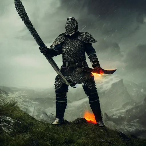 Image similar to full-body-portrait photo brutal nordic Warrior, wearing intricate steel armor, holding magical fiery battle-axe, sharp focus, highland landscape with few trees background, magical aura, heroic pose, fantasy style, octane render, volumetric lighting, 8k high definition, highly detailed, trending on ArtStation, centered