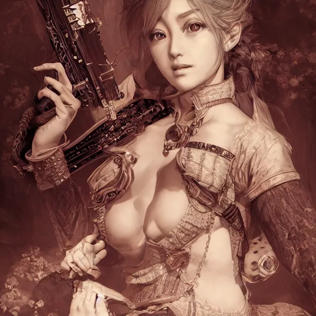 Prompt: the portrait of chaotic neutral smirking female bard assassin as absurdly beautiful, gorgeous, elegant, young gravure idol, an ultrafine hyperdetailed illustration by kim jung gi, irakli nadar, intricate linework, bright colors, octopath traveler, final fantasy, unreal engine 5 highly rendered, global illumination, radiant light, detailed and intricate environment