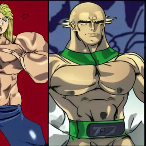 Image similar to putin in jojo bizarre adventure with a fitness muscular body, very anime style