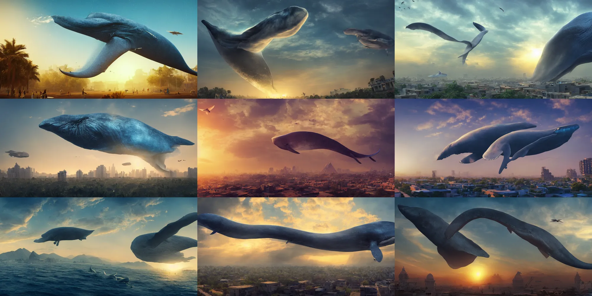 Prompt: a huge blue whale is flying above a new dehli suburb city, epic, surreal, cinematic shot, golden hour, artstation, deviantart, dreamy atmosphere, high definition