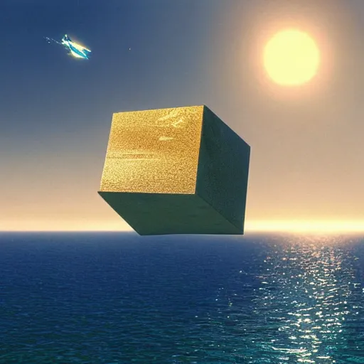 Image similar to beautiful matte painting of golden shores of a blue dreamy ocean, scientific codex cube floating above the ocean, sci - fi, daylight, blue sky, cinematic lighting, cinematic perspective, syd mead, john harris, federico pelat