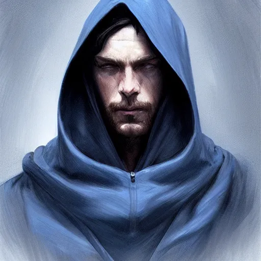 Image similar to ultra realistic illustration, man in a dark blue hood, with black hair, mysterious, poker man, highly detailed, digital painting, artstation, concept art, smooth, sharp focus, illustration, art by artgerm and greg rutkowski and alphonse mucha