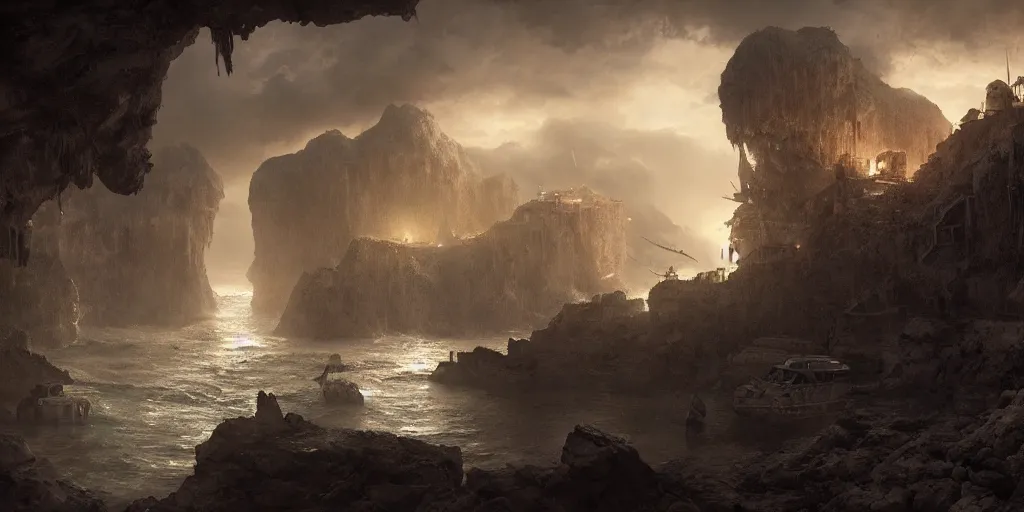 Image similar to a secret pirate town and harbor, in a cave. underexposed, dark, centered. atmospheric matte painting by darek zabrocki and emmanuel shiu, 4 k ultra detailed, cinematic.