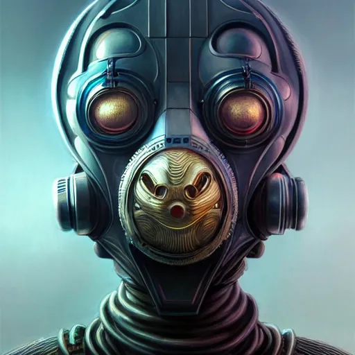 Image similar to low angle shot of a cyberpunk robot character wearing a gazmask, intricate, elegant, highly detailed, centered, digital painting, artstation, concept art, smooth, sharp focus, illustration, artgerm, Tomasz Alen Kopera, Peter Mohrbacher, donato giancola, Joseph Christian Leyendecker, WLOP, Boris Vallejo