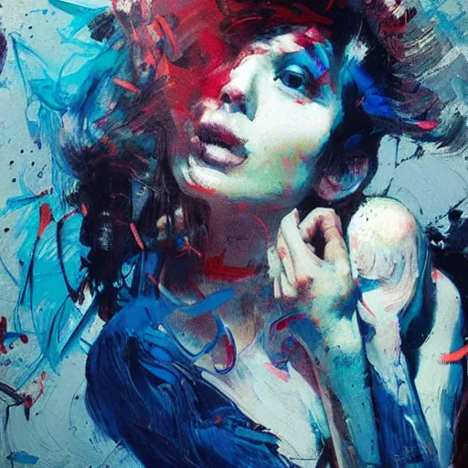 Prompt: portrait of beautiful girl sensual dancing, ecstatic, wonderful techno party, shades of blue, utopia, by by greg rutkowski, by jeremy mann, by francoise nielly, by vincent van gogh