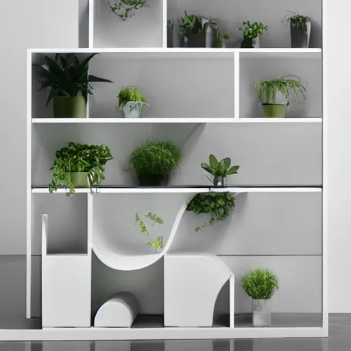 Image similar to white zen clean modern minimalist bookshelf with cute plants by zaha hadid, peter tarka