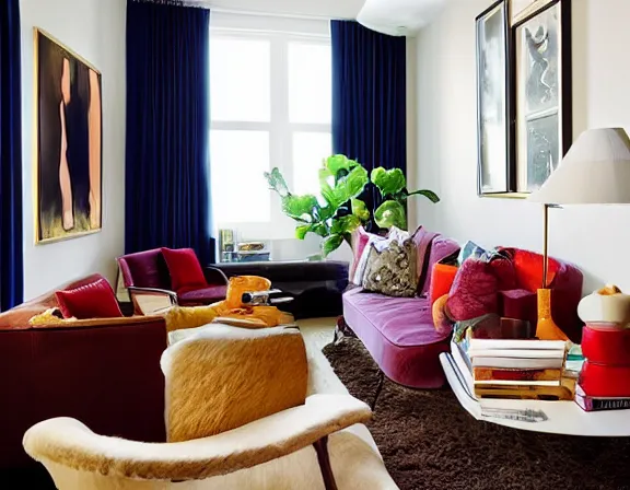 Prompt: apartment designed by nate berkus, rich royal colors