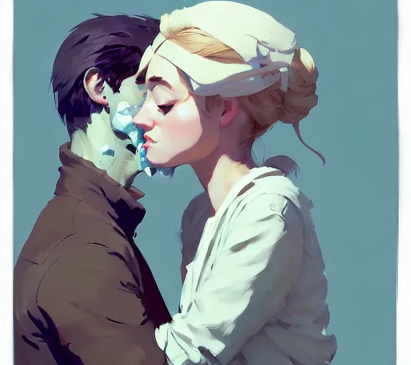 Prompt: portrait will kissing elisabeth by atey ghailan, by greg rutkowski, by greg tocchini, by james gilleard, by joe fenton, by kaethe butcher, by ashley wood, dynamic lighting, gradient light blue, brown, blonde cream and white color scheme, grunge aesthetic