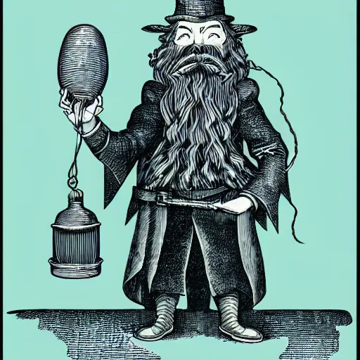 Prompt: wizard with beard, holding a bomb, dnd, high detail, fantasy, in the style of vintage antique illustration and line drawing, engraving, medieval line drawing