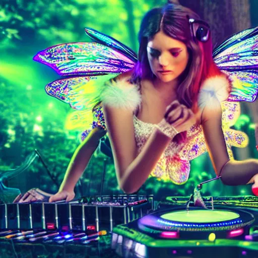 Prompt: double exposure of a beautiful fairy and a cupid djs playing turntables in a rave party at a magical forest, digital art, cinematic photo - realistic 8 k high detailed