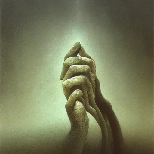 Image similar to hand and arm reaching out of thick fog, zdzislaw beksinski