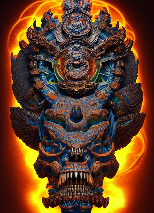 Image similar to 3 d ornate carved shaman with tattoos profile portrait, sigma 5 0 0 mm f / 5. beautiful intricate highly detailed quetzalcoatl skull. bioluminescent, plasma, lava, ice, water, wind, creature, thunderstorm, artwork by tooth wu and wlop and beeple and greg rutkowski, 8 k trending on artstation