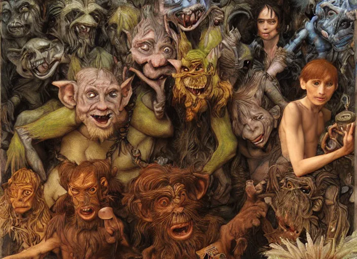 Prompt: jim henson's labyrinth. five goblins. by edgar maxence and caravaggio and michael whelan and delacroix style, artistic