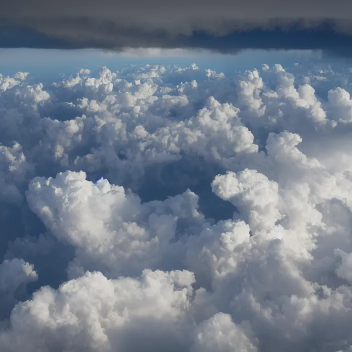 Prompt: Endless storm clouds towering high, seen from a plane, a lightning is visible, no ground visible, very detailed, 8k resolution, pale yellow hue with brown shadows