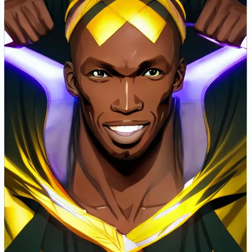 Image similar to portrait of usain bolt the incarnation of hermes, anime fantasy illustration by tomoyuki yamasaki, kyoto studio, madhouse, ufotable, square enix, cinematic lighting, trending on artstation