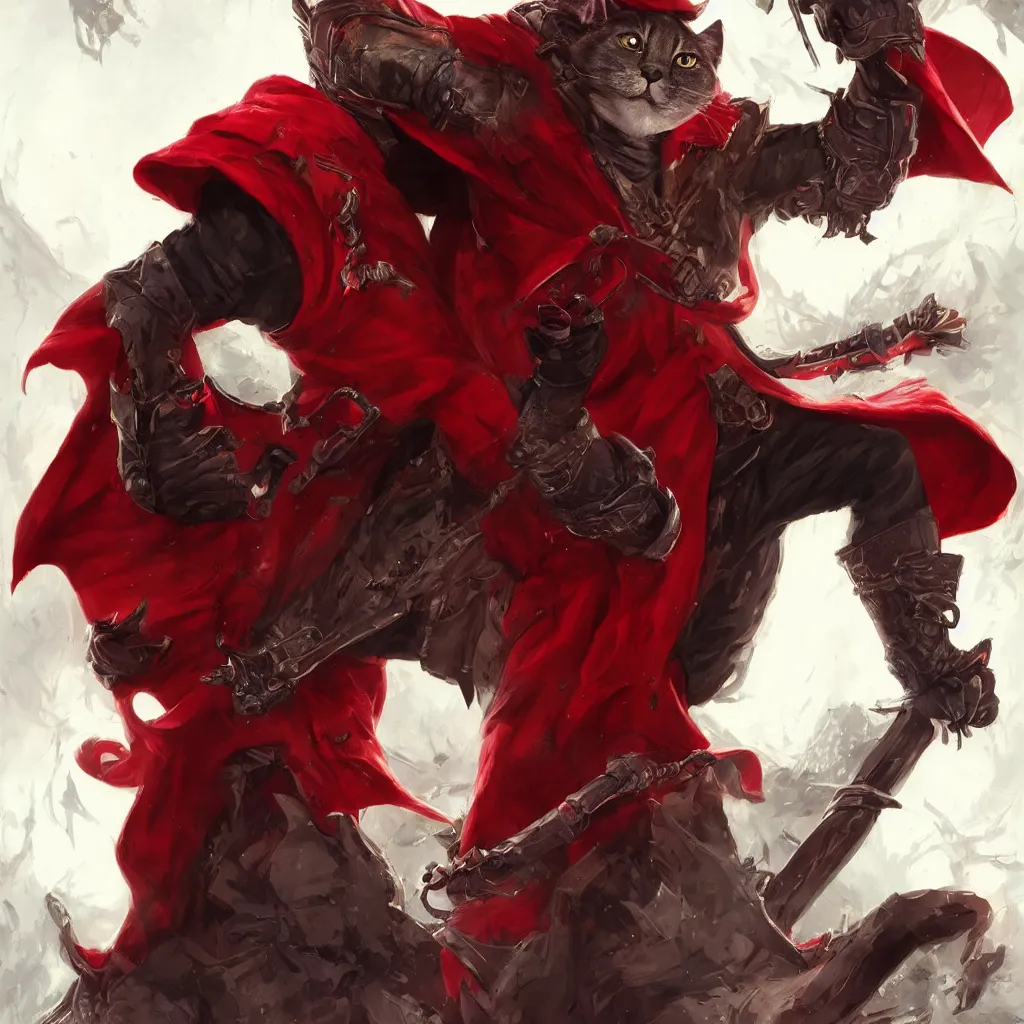 Prompt: Badass confident antropomorphic cat, wearing a red hooded overcoat with black pants and boots, fingerless gloves, branding a big enchanted sword, hack'n slash cover, highly detailed, trending on artstation, digital art, game cover, action, art by marc simonetti and rossdraws, cinematic, fantasy art, hyperrealistic