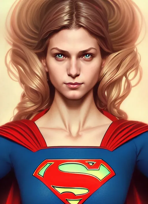 Image similar to symmetry portrait of supergirl, intricate, elegant, highly detailed, digital painting, artstation, concept art, smooth, sharp focus, illustration, art by artgerm and greg rutkowski and alphonse mucha, 8 k