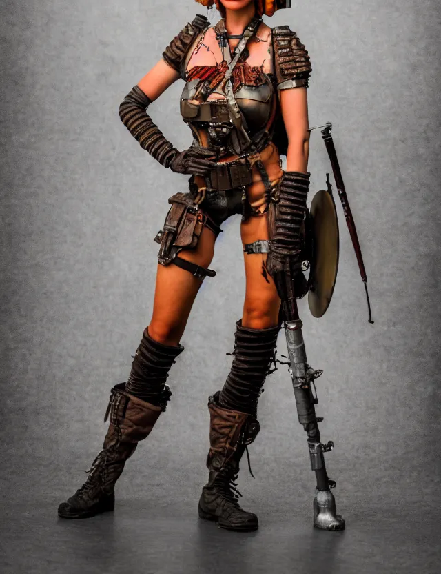 Image similar to full length photograph of a real - life very beautiful atompunk warrior. extremely detailed. dslr. 8 5 mm.