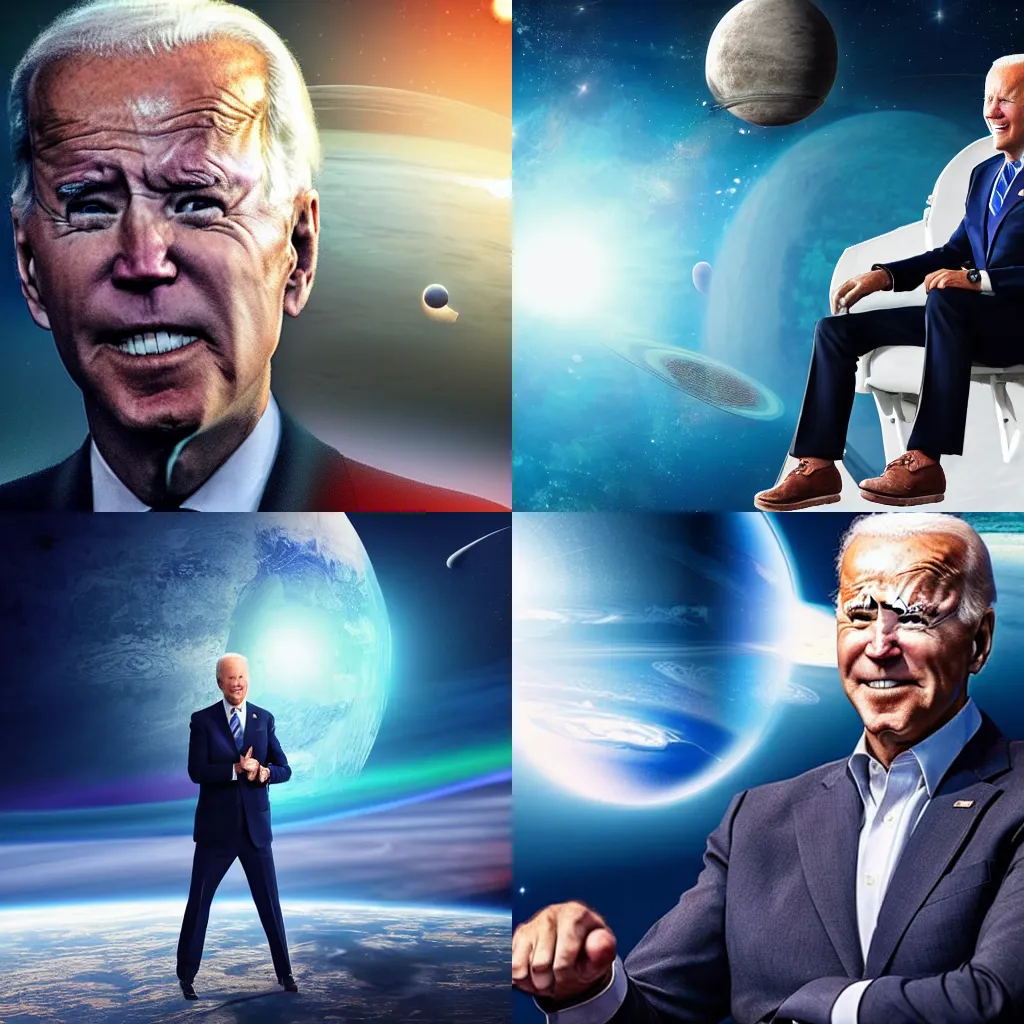 Prompt: joe biden floating in the middle of outer space, normal clothes, stylish pose, large planet in the background, bright cyberpunk lighting, 8 k