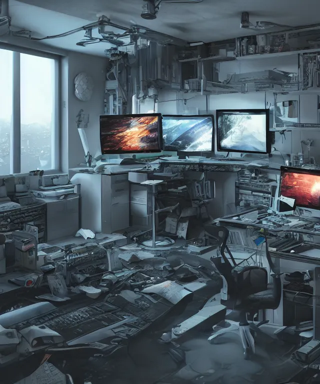 Image similar to artstation scifi scene of a complex computer workstation in a small studio apartment room, many monitors, many electronics, a window view, very detailed, maximalism, ambient occlusion, volumetric light, sun beam, atmospheric haze, unreal engine, hyper realism, realistic shading, cinematic composition, realistic render, octane render, detailed textures, photorealistic, wide shot