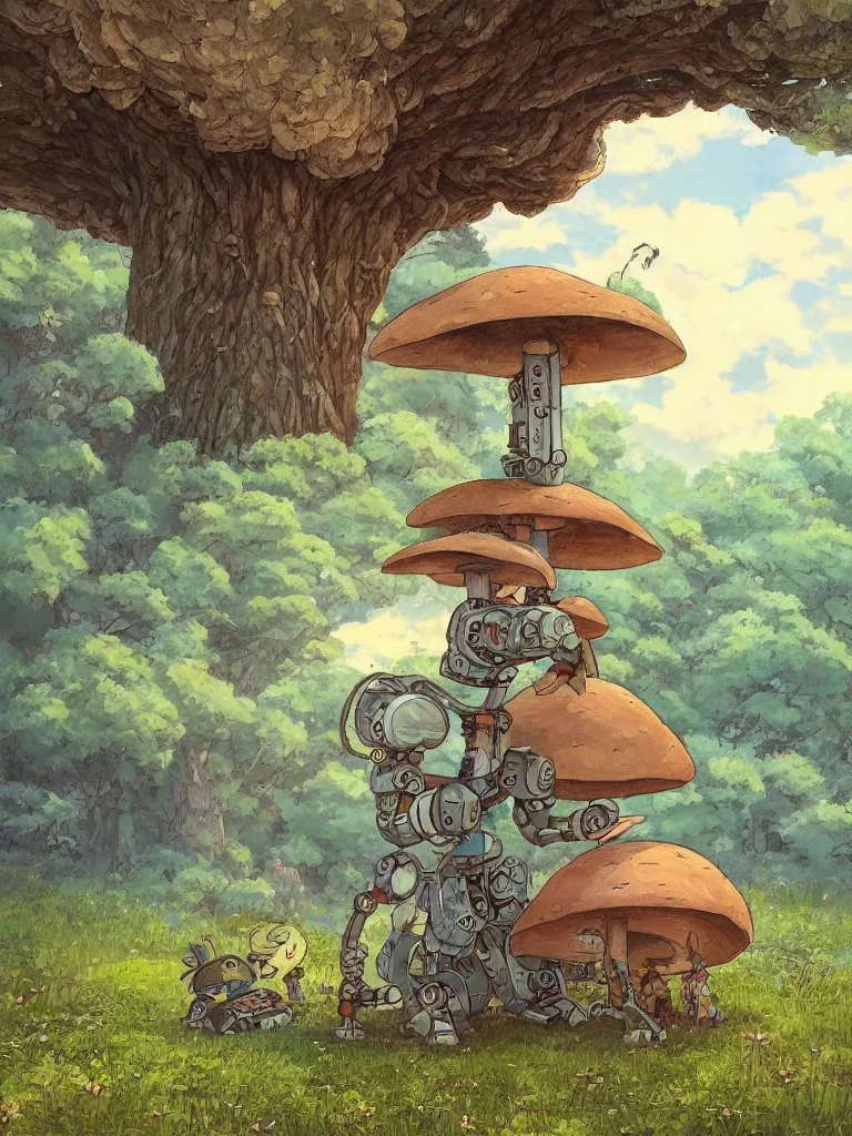 Prompt: portrait painting of a rustic robot sitting under a tree, mushroom, in the style of Studio Ghibli, by Hayao Miyazaki, high quality, detailed, 8k, amazing