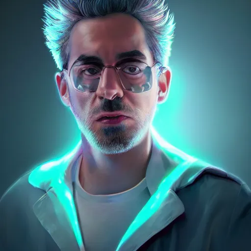 Image similar to portrait art of rick sanchez, spikey hair, white lab coat, lens flare, atmosphere, glow, detailed, intricate, full of colour, cinematic lighting, trending on artstation, 4 k, hyperrealistic, focused, extreme details, unreal engine 5, cinematic, masterpiece