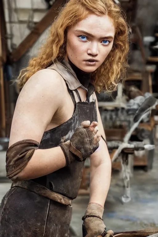 Prompt: female blacksmith, extremely burly. strawberry - blonde hair, many freckles. face resembles natalia vodianova, but body is very burly, broadshouldered, thicklimbed, like a blacksmith. she is fully clothed in her work clothes. she is very strong.