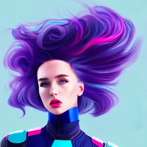 Image similar to a stunning upper body portrait of a beautiful young woman wearing futuristic navy blue and teal battle bodyarmor, ombre purple and pink hairstyle, hair blowing in the wind by marvel comics, digital art, trending on artstation