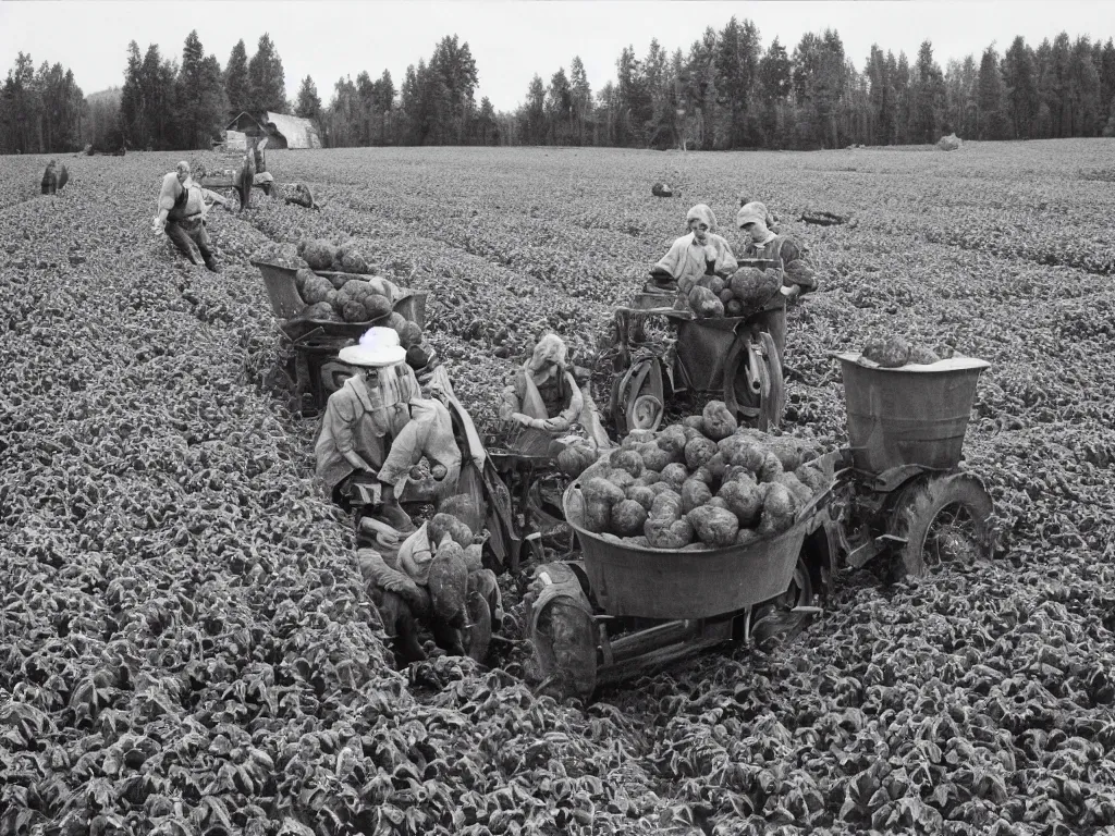 Image similar to potato harvesting in finnish farm, 1 9 6 6, home album pocket camera photo, detailed facial features, hyper realistic