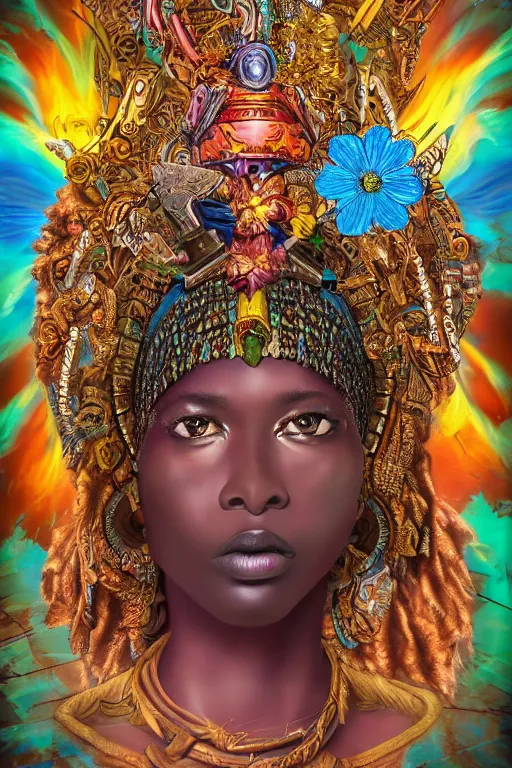 Image similar to opalescent retrofuturistic digital airbrush illustration of an african warrior wearing an ornate gpu headpiece and holding a flower with a map of the collective subconscious in the background by luigi patrignani