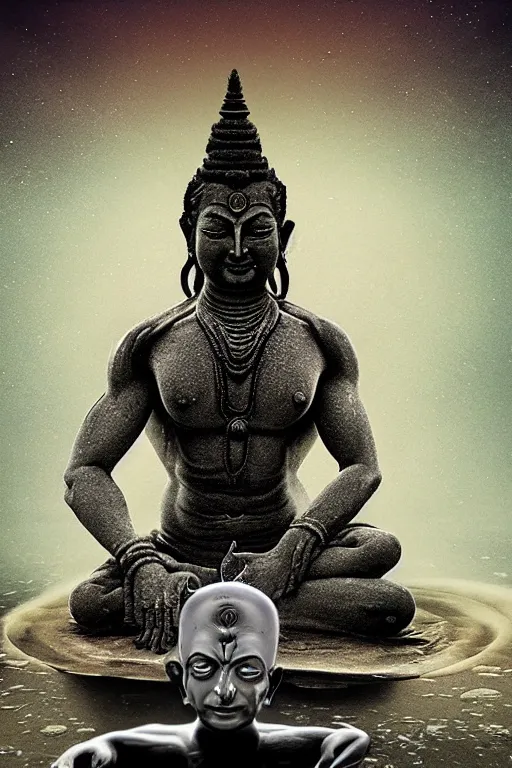 Prompt: One many-armed Shiva sitting in the lotus position. Nuclear explosion on the background. Dark colors, high detail, hyperrealism, horror art, masterpiece, close-up, zoom, concept art, octane render, biopunk, body-horror, ceremonial portrait, solo, macrophoto, art