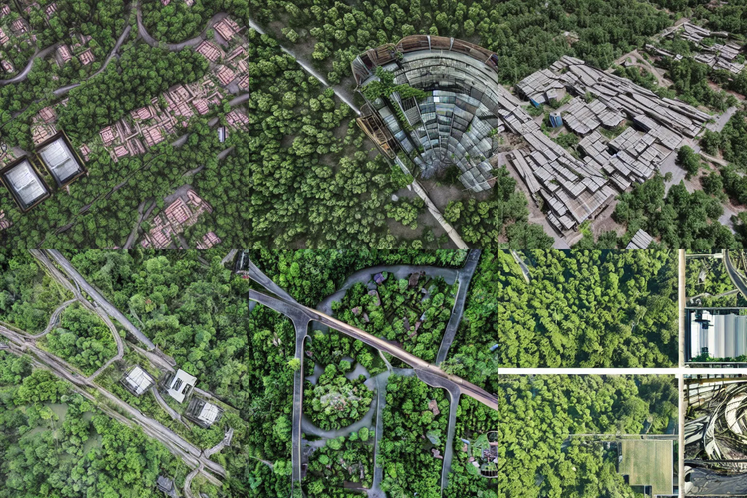 Prompt: exploration drone photos of an abandoned solarpunk city which has been overgrown by a forest