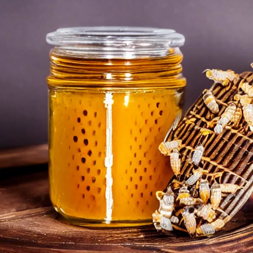 Image similar to a jar of honey in a beehive, product photo