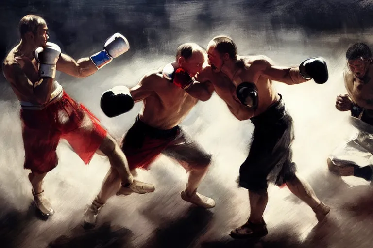 Image similar to jesus christ boxing with vladimir putin, fist fight, detailed faces, in battle by anders zorn, wonderful masterpiece by greg rutkowski, beautiful cinematic light, by greg manchess, jessica rossier