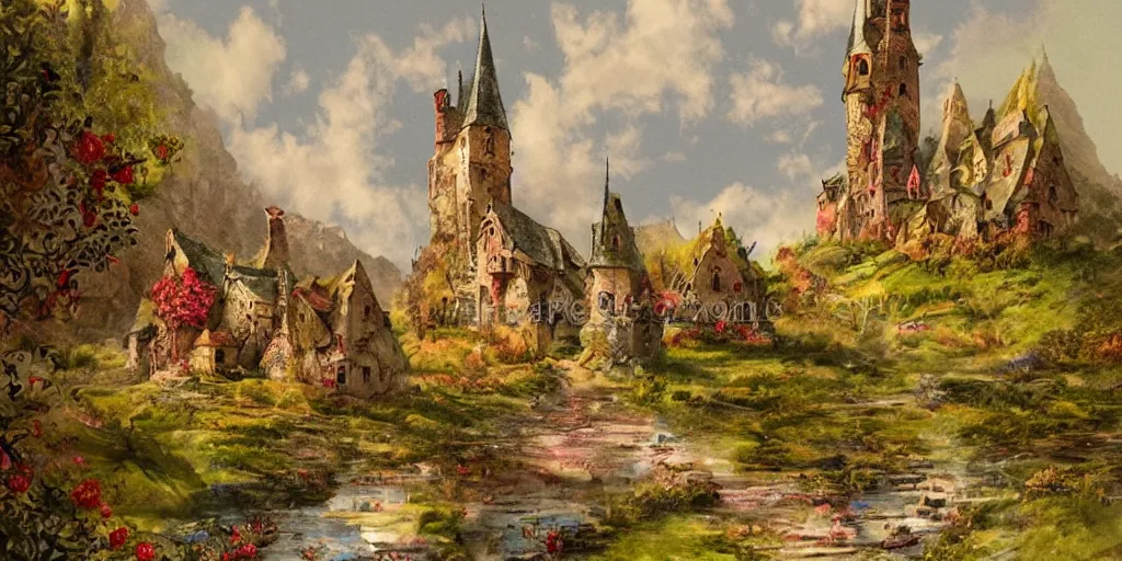 Prompt: beautiful colorful whimsical storybook style full page antique ornate lithograph of landscape with a medieval gothic castle and a medieval village in a valley, by Jean-Baptiste Monge, post processing, painterly, book illustration watercolor granular splatter dripping paper texture. Trending on artstation, post processing, pen and ink work. sharp focus