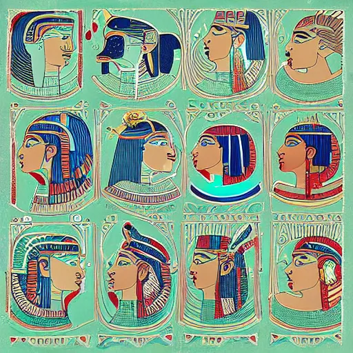 Image similar to illustration of to pout, in colors egyptian # 1 1 3 4 a 6, maya # 7 3 c 2 fb, cornflower # 6 6 9 3 fs, mint 9 8 fb 9 8, pine # 0 1 7 9 6 f, by studio multi and victo ngai