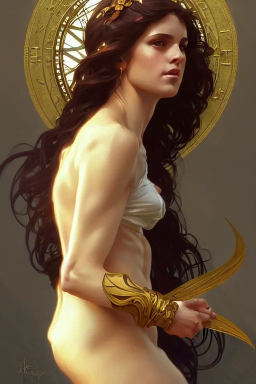 Image similar to Kelly Sue Deconnick as a beautiful Greek Goddess, gorgeous, amazing, fit, very feminine body, intricate, highly detailed, digital painting, artstation, concept art, sharp focus, illustration, art by greg rutkowski and alphonse mucha