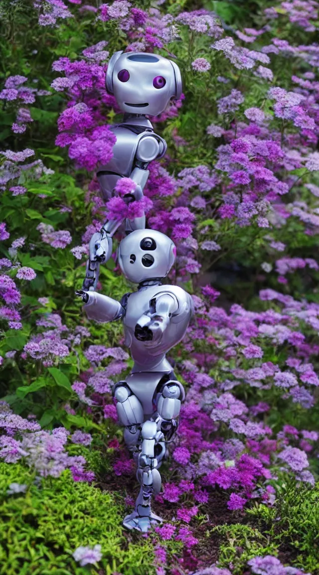 Image similar to toy robot in a garden, hyper detailed, sharp focus, bokeh, unreal engine, ray tracing, cute, fantasy, sci fi, purple flowers, tiny, small, hyper realistic