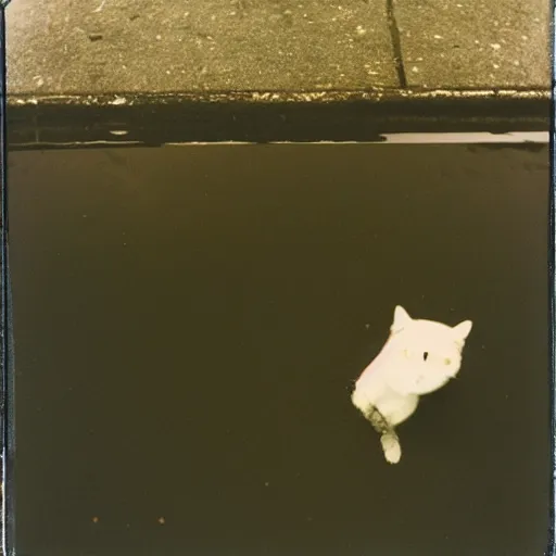 Prompt: wide-shot very low-angle eyesight first-person reflection of a cat in the puddle at the street, polaroid photo, by Andy Warhol, signed