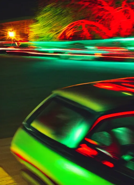 Image similar to Neon night, red lights of the car motion blur, oak alley