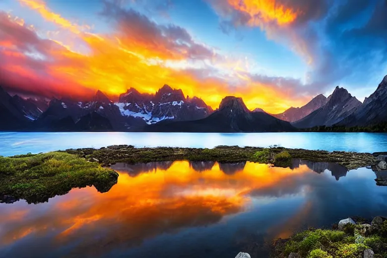 Image similar to amazing landscape photo of mountains with lake in sunset by marc adamus, beautiful dramatic lighting