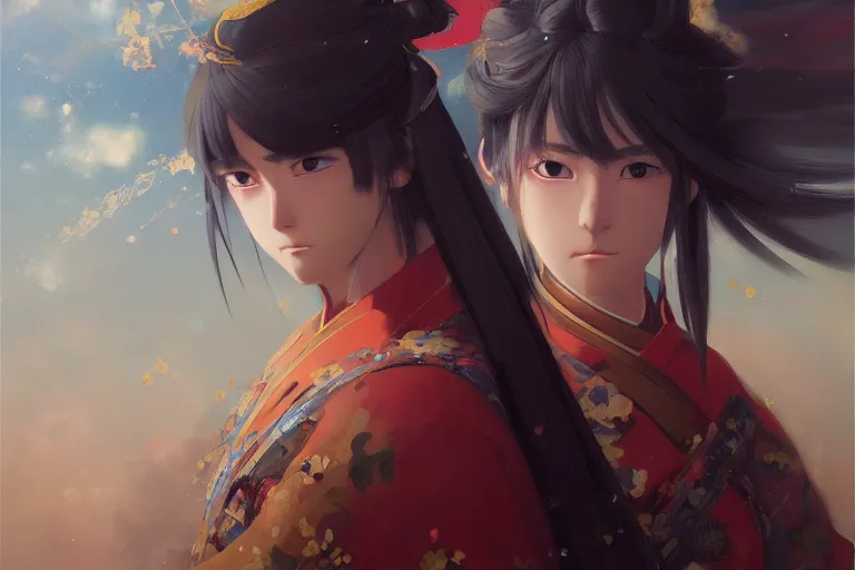 Image similar to baroque oil painting of anime key visual concept art of a samurai girl, very anime, stars vackground, trending on artstation, oil on canvas, style of makoto shinkai greg rutkowski studio ghibli