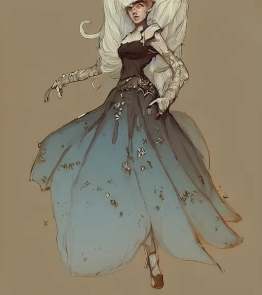 Image similar to portrait of a baroque dress design from fantasy world for dragon queen by atey ghailan, by greg rutkowski, by greg tocchini, by james gilleard, by joe fenton, by kaethe butcher, dynamic lighting, gradient light blue, brown, blonde cream and white color scheme, grunge aesthetic