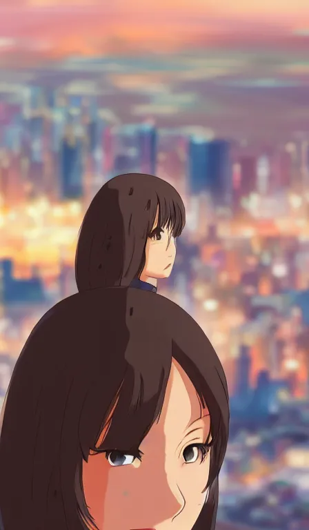 Image similar to anime fine details portrait of Makima in front of modern tokyo city landscape on the background deep bokeh, close-up view, anime masterpiece by Studio Ghibli, 8k, sharp high quality anime, artstation