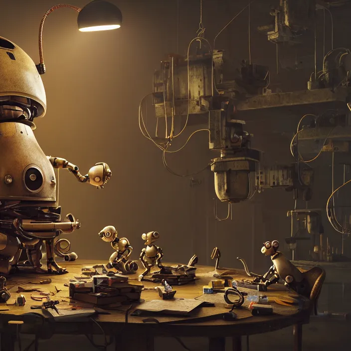Image similar to crew of robot workers building giant mouse movie prop head in quaint workshop, octane render, 4 k ultra hd, hyper - detailed, realistic, seedy lighting, sharp focus, in style of beeple gediminas pranckevicius