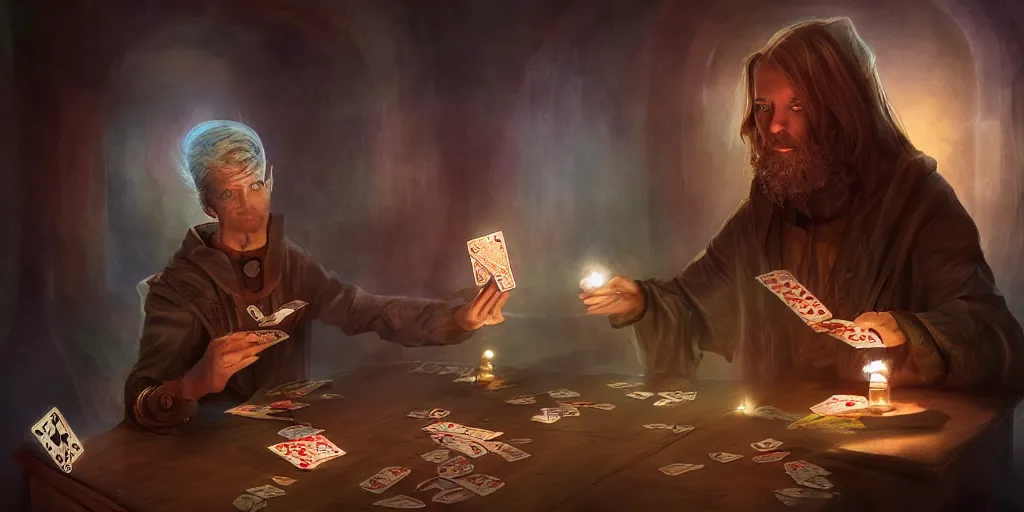 Image similar to wizard shuffling cards, cardistry, fantasy, digital art, soft lighting, concept art, 8 k