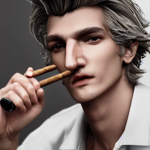 Image similar to a closeup photo of handsome gigachad xqc smoking a cigar, 8k photorealism, extremly detailed, trending on artstation