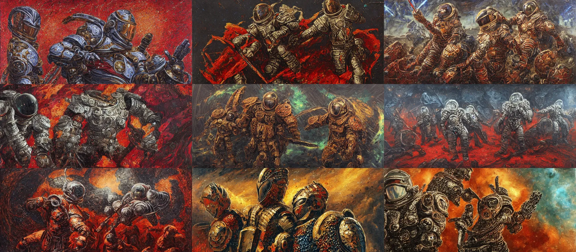 Prompt: battle scene, astronaut - gladiators!! in fractal armor with girih bargello pattern, lorica segmentum, tonalist, symbolist, figurative, concept, chiaroscuro, grisaille, palette knife, heraldry, frenetic, stippling, shadows, luminous, sublime, edge lighting, viridian, venetian red