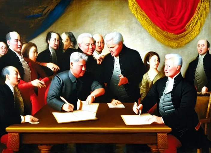 Prompt: bill clinton and kim jong un signing papers, declaration of the independence, historical painting, oil on canvas, painting by john trumbull, john trumbull artwork